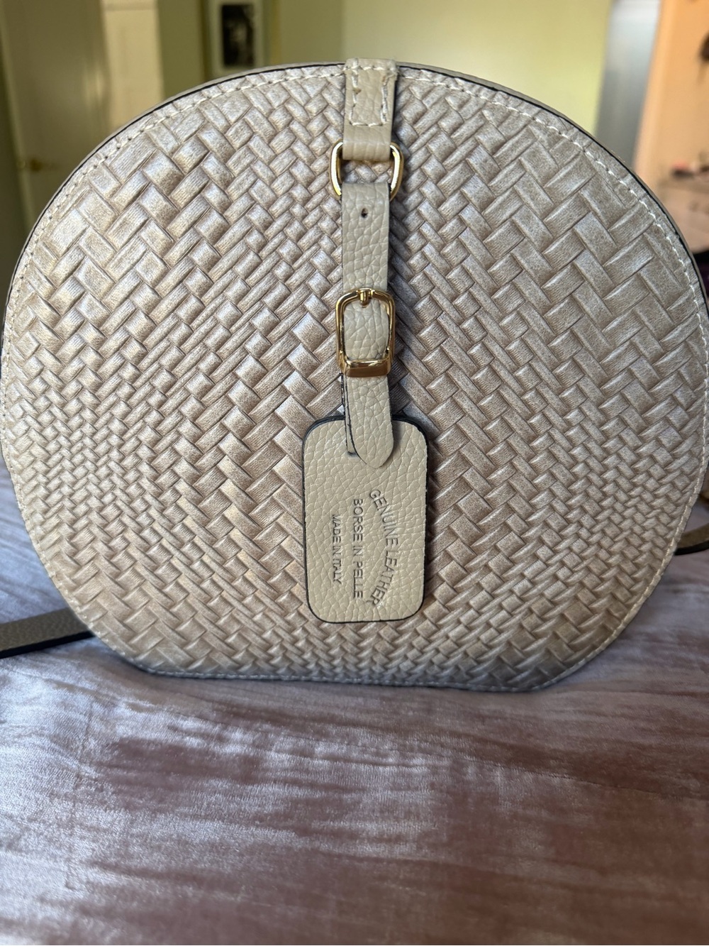 Aurelia Woven Round Crossbody Bag in Light Beige with Gold Hardware